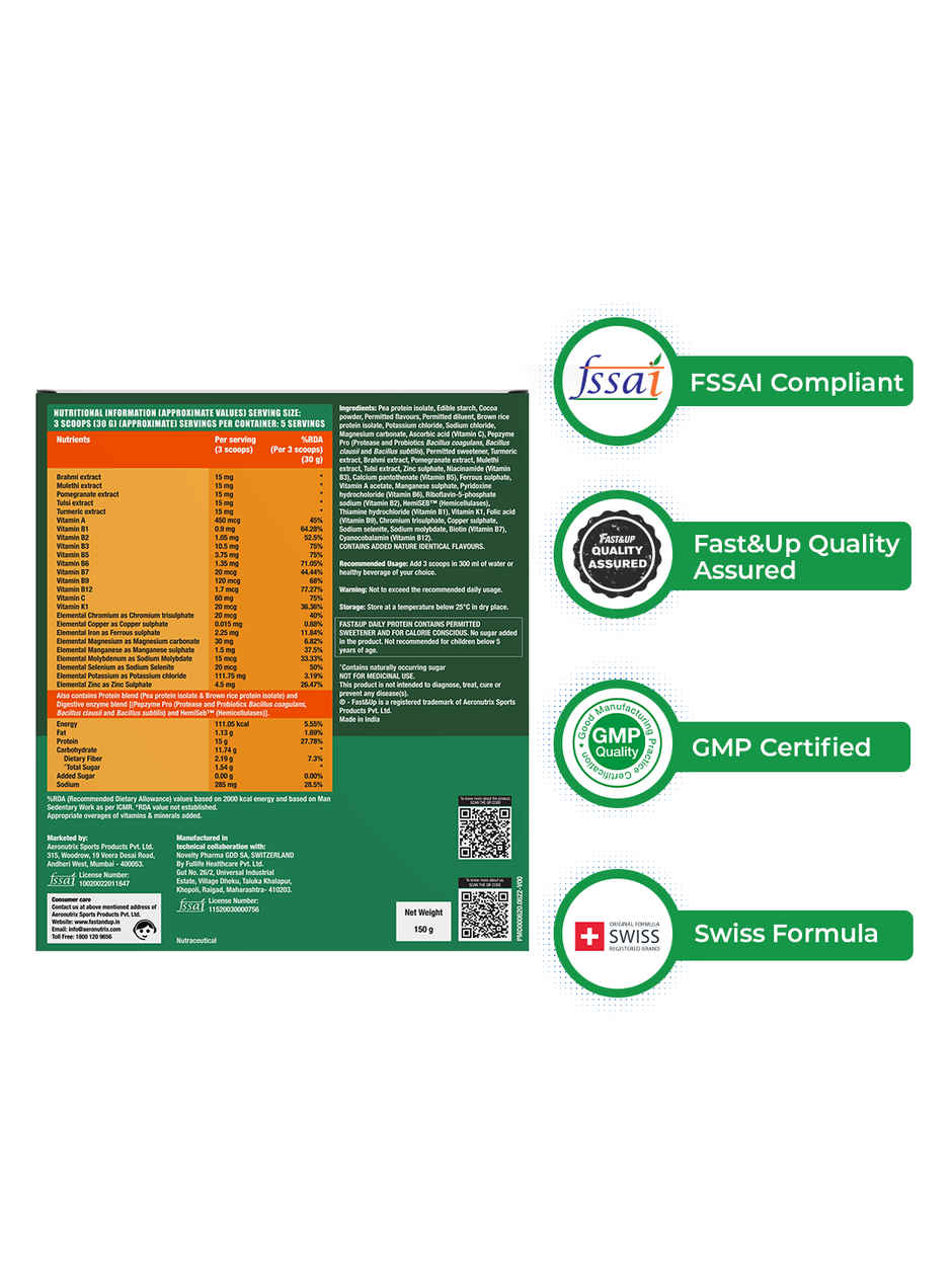 Fast&Up Daily Plant Protein - Daily Protein Requirements & Diabetic Friendly -15g Plant Protein - Delicious Chocolate 