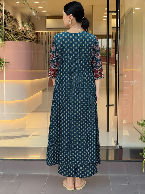 GoSriKi Women's Viscose Rayon Anarkali Printed Kurta with Pant & Dupatta | NAKULA | Blue - S