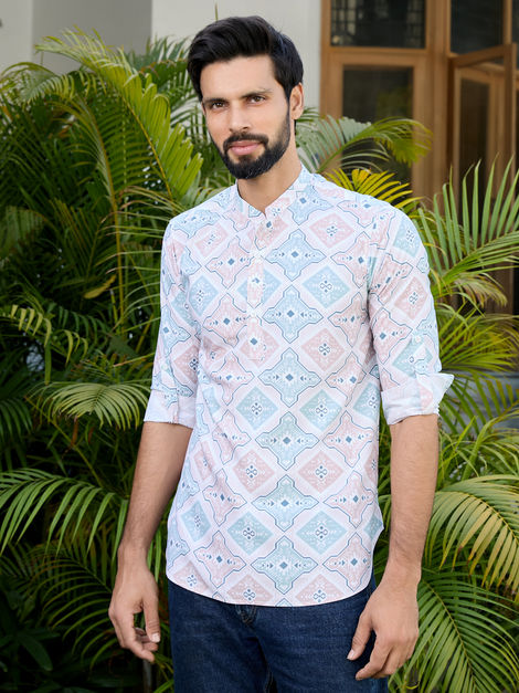 See Designs Men's Geometric Printed Rayon Short Kurta | Peach-Green - L