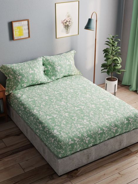 Bianca 100% Pure Cotton Double Bedsheet With 2 Pillow Covers 3pc Set | Amolina Floral-Forestgreen