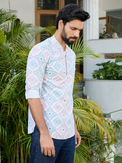 See Designs Men's Geometric Printed Rayon Short Kurta | Peach-Green - L