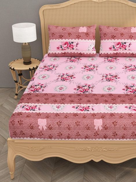 House Of Gulab 100% Cotton Double Bedsheet Floral - Pink