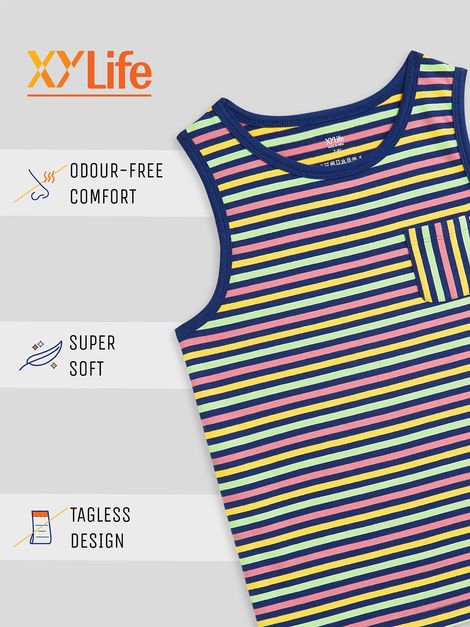 XY Life Kids Outer Vest for Boys, Antimicrobial Finish - Multi Stripes | 13-14Y | Pack Of 2