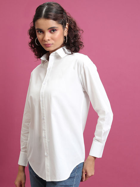 Tokyo Talkies Women's Slim Fit Drop-Shoulder Sleeves Cotton Oversized Shirt | White - S