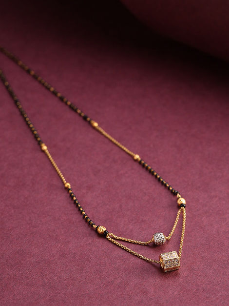 Priyaasi Gold-Plated Ad Studded Geometric Pendant Black Beaded Chain Mangalsutra
