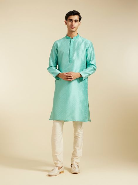 Diwas By Manyavar Green Art Silk Thread Work Self Design Kurta Set | L