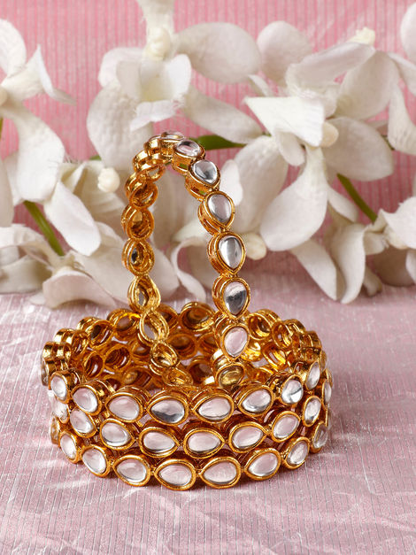 Priyaasi Set Of 4 Gold-Plated Drop Shaped Kundan Studded Bangles