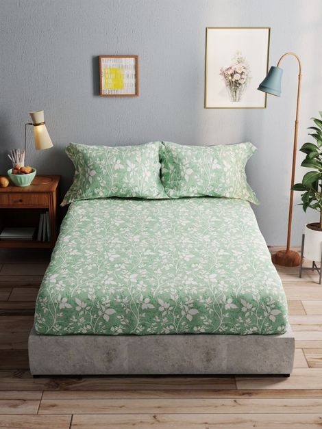 Bianca 100% Pure Cotton Double Bedsheet With 2 Pillow Covers 3pc Set | Amolina Floral-Forestgreen