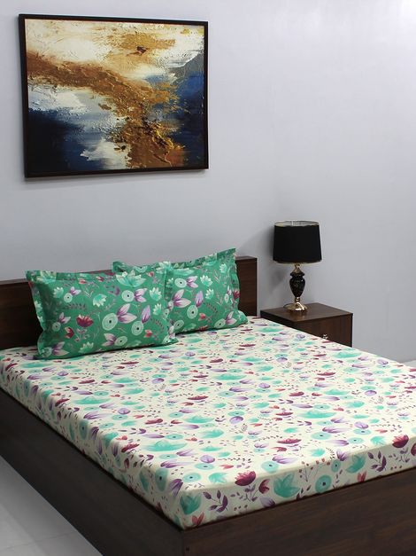 Bombay Dyeing Ivyrose 110 Tc 100% Cotton Queen Bedsheet With 2 Pillow Covers - Green Brown
