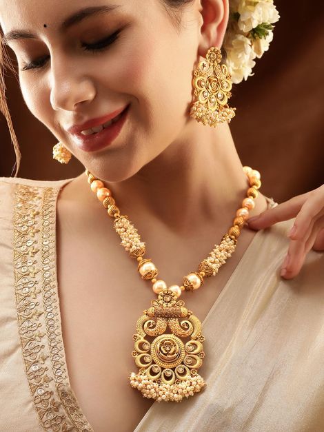 Rubans Gold-Plated Stone Studded Beaded Necklace Set