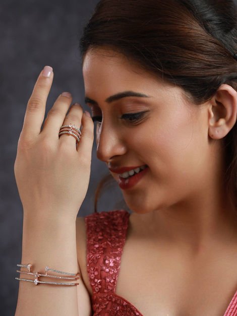 Priyaasi Statement Design American Diamond Rose Gold Plated Bracelet With Ring