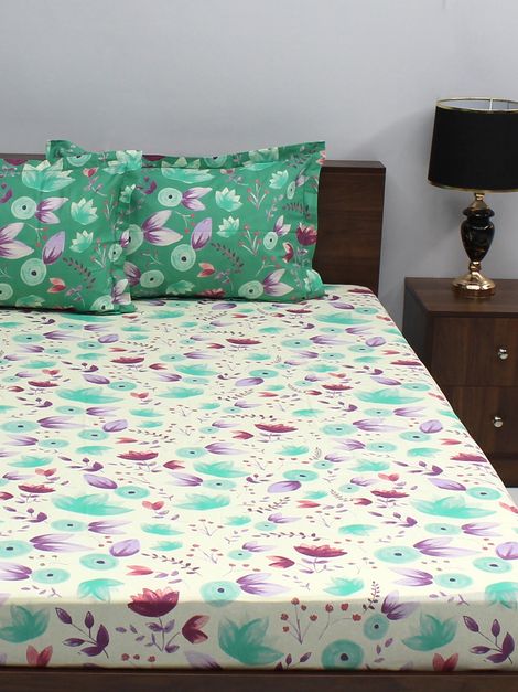 Bombay Dyeing Ivyrose 110 Tc 100% Cotton Queen Bedsheet With 2 Pillow Covers - Green Brown