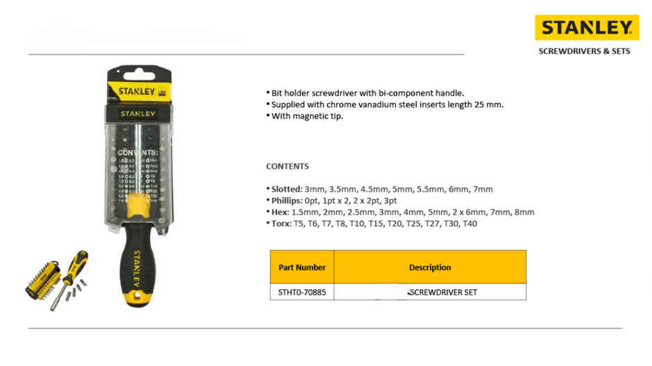 STANLEY 70-885 34-in-1 Screwdriver Set, Rubber Moulded Handle, Magnetic Bit Holder, Yellow & Black