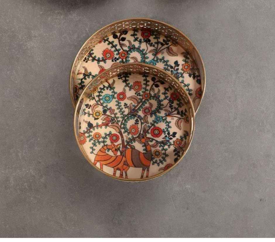 Homeharmony Pichwai Tray For Gifts | 8 Inch and 10 Inch | Round Metal Tray