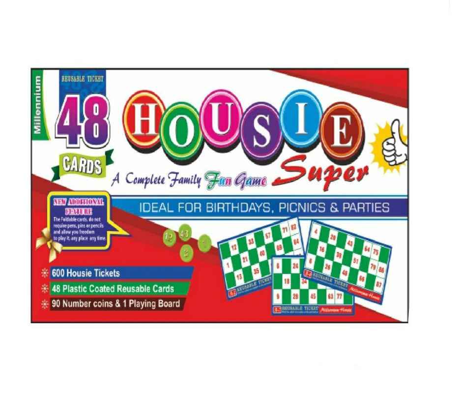 Millennium Housie Super Set | 48 Reusable Plastic Cards | 600 Tickets | 90 Number Coins | Playing Board | Me-142