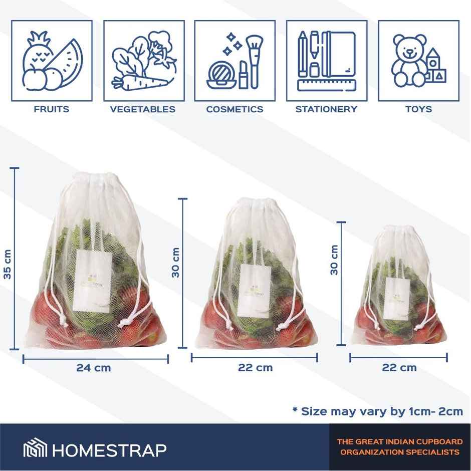 Homestrap Mesh Vegetable Bag With Drawstring - White | Pack of 6