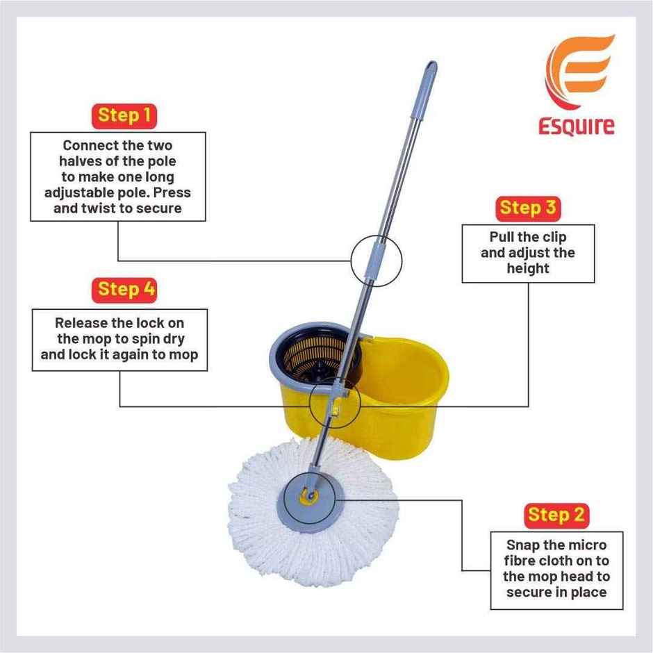 Esquire Classic Spin Mop Yellow Bucket Set With Pull Handle | Additional Microfiber Refill