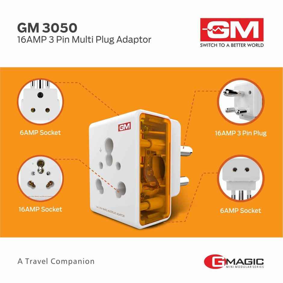 GM 3050 16 AMP Heavy Duty Socket 3 Pin Multi Plug Travel Adaptor Suitable for heavy wattage Appliances(AC, refrigerators, Microwaves)