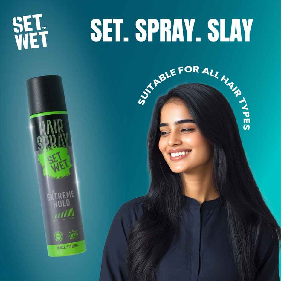 Set Wet Hair Spray For Men & Women | Extreme, Long-lasting Hold | UV Protect | With Soy, Rice & Oat Protein