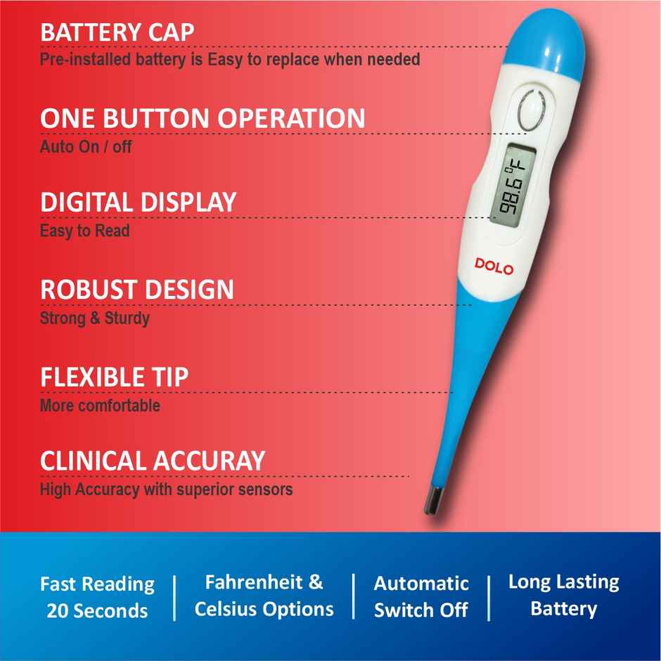 Dolo Fevometer Medical Digital Fever Thermometer with Soft Flexible Tip and Memory Function- Adults & Kids