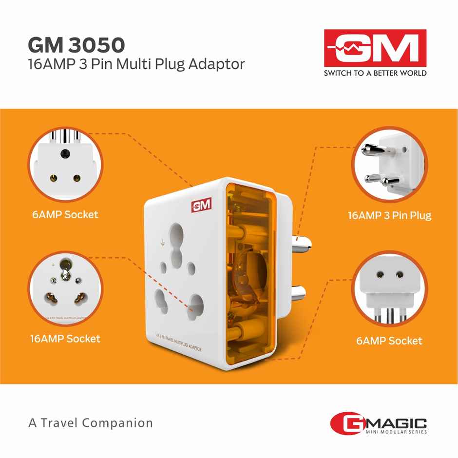 GM 3050 16 AMP Heavy Duty Socket 3 Pin Multi Plug Travel Adaptor Suitable for heavy wattage Appliances(AC, refrigerators, Microwaves)
