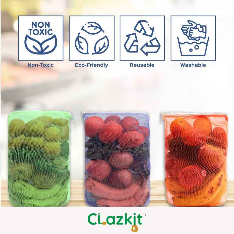 Clazkit Set Of 6 Reusable Fridge Storage Bags For Vegetables and Fruitswith Sturdy Zipper