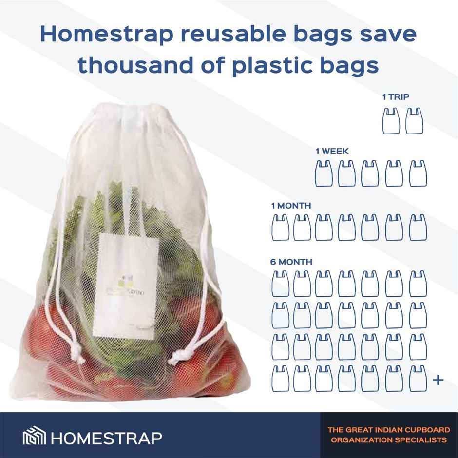 Homestrap Mesh Vegetable Bag With Drawstring - White | Pack of 6