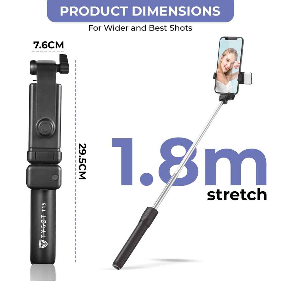 Tygot T1S Snapstick Tripod Stand,3 in 1 Multifunctional Design, Rechargable LED Light with Two Brighness Levels for Make up, Selfie, Vlogging & Photo Shoot, Selfie Stick with Bluetooth Remote