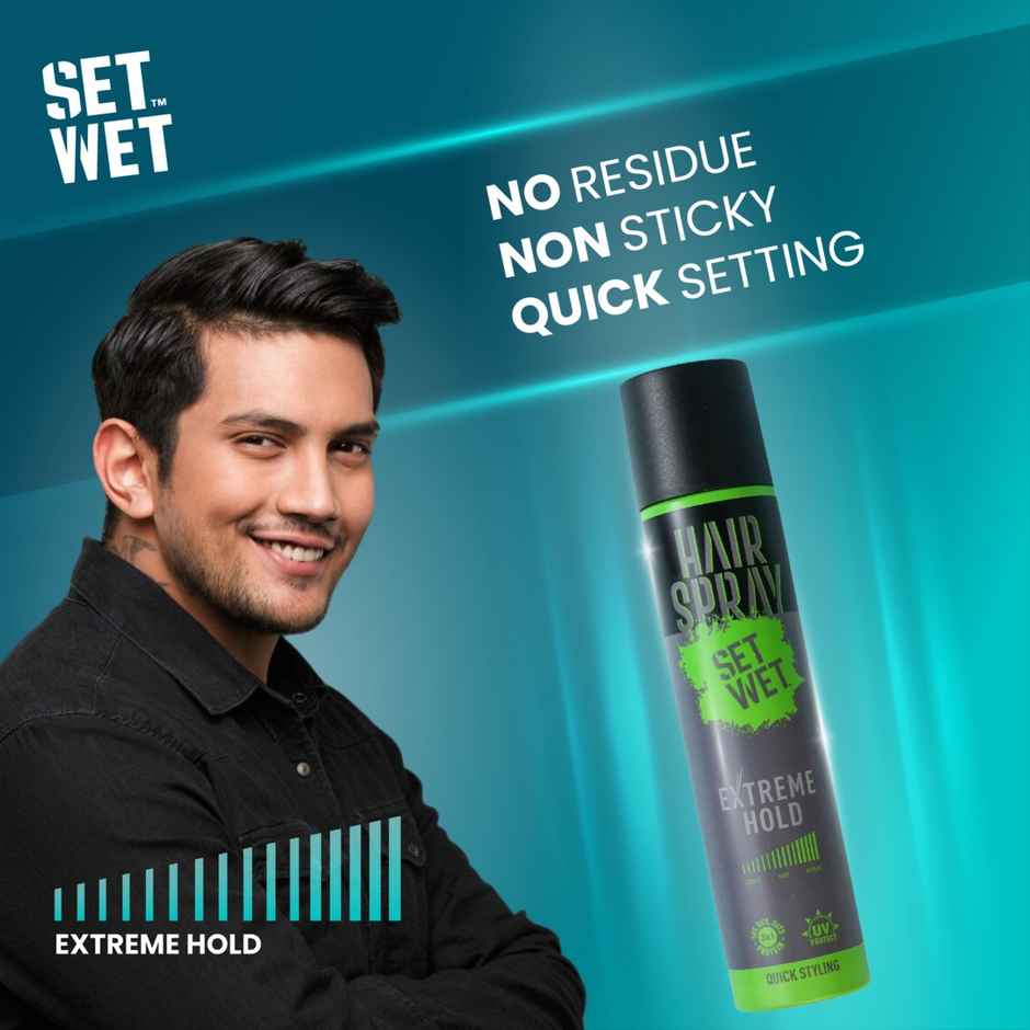 Set Wet Hair Spray For Men & Women | Extreme, Long-lasting Hold | UV Protect | With Soy, Rice & Oat Protein