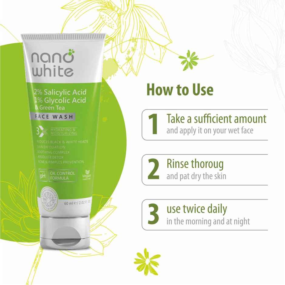 Nano White 2% Salicylic Acid, 1% Glycolic Acid & Green Tea Face Wash