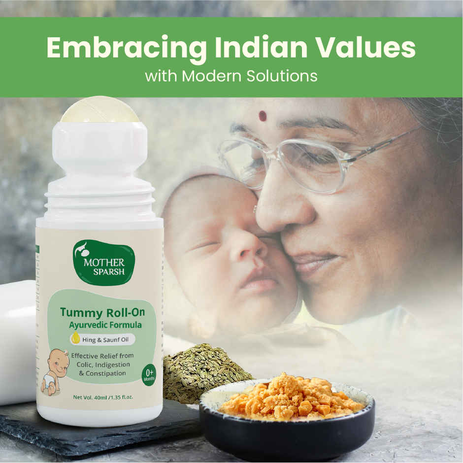 Mother Sparsh Tummy Roll On For Baby Colic Relief Constipation And Indigestion With Hing & Saunf