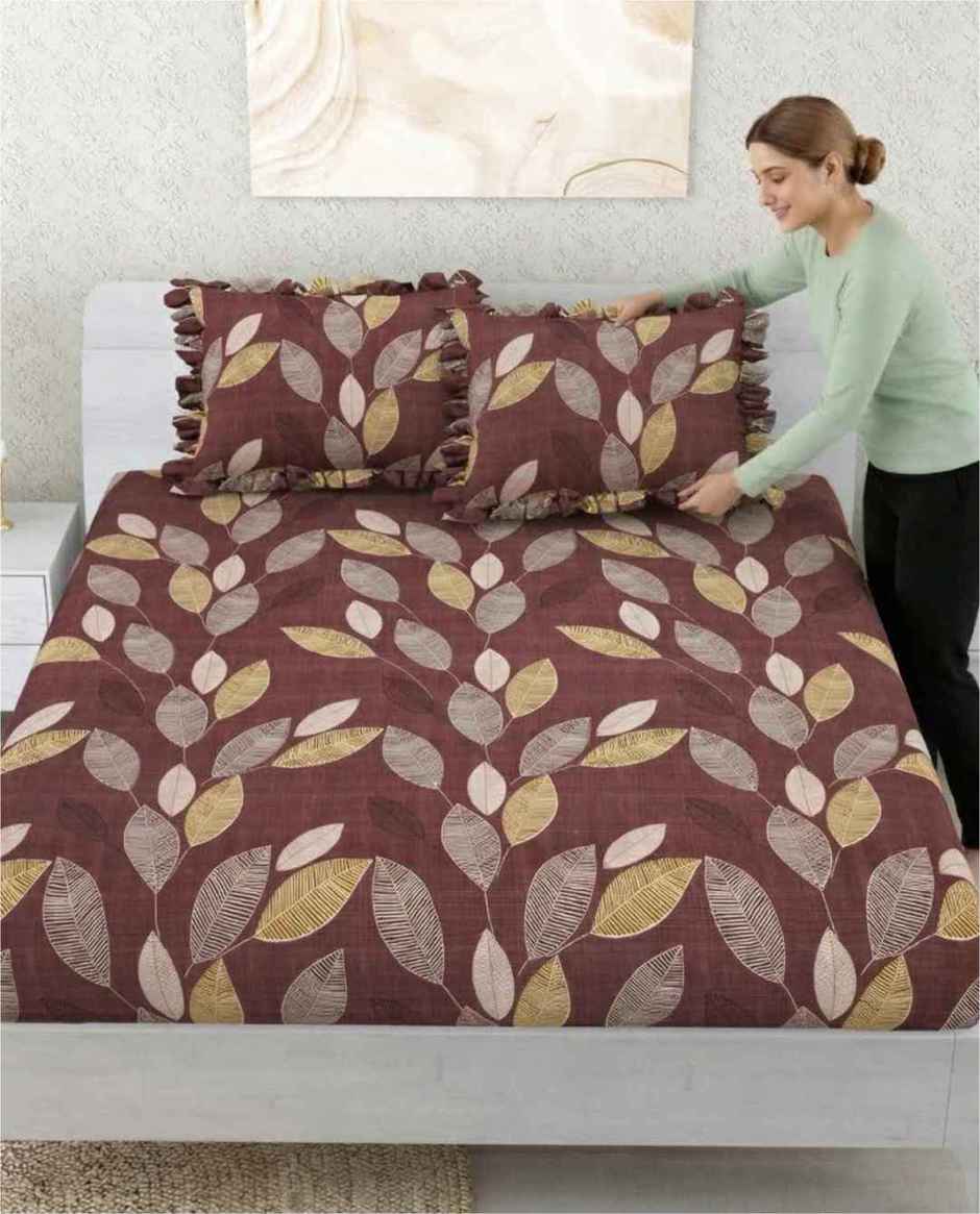DREAM WEAVERZ Elastic Fitted Double Bedsheet with 2 Frill Pillow Covers | Cotton Blend | Brownish Purple