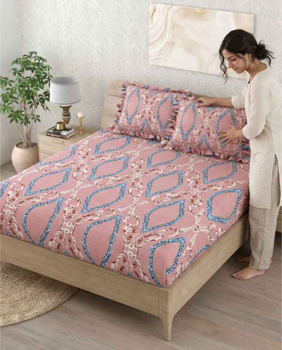 DREAM WEAVERZ Elastic Fitted Double Bedsheet with 2 Frill Pillow Covers | Cotton Blend | Pink