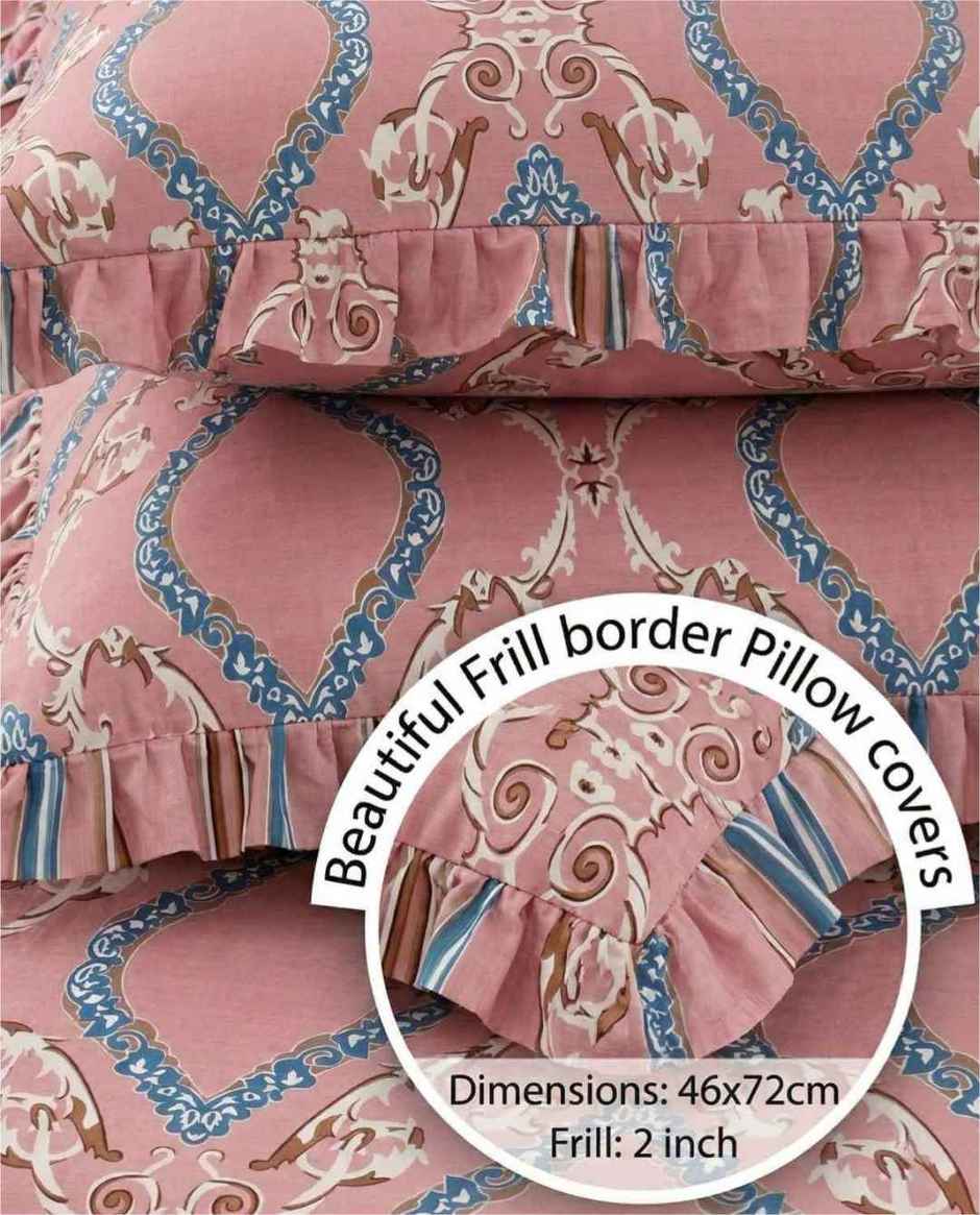 DREAM WEAVERZ Elastic Fitted Double Bedsheet with 2 Frill Pillow Covers | Cotton Blend | Pink