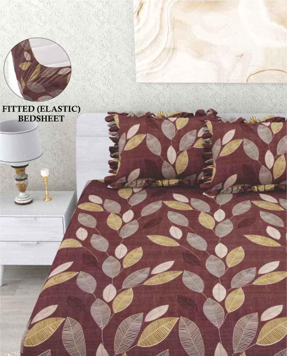 DREAM WEAVERZ Elastic Fitted Double Bedsheet with 2 Frill Pillow Covers | Cotton Blend | Brownish Purple
