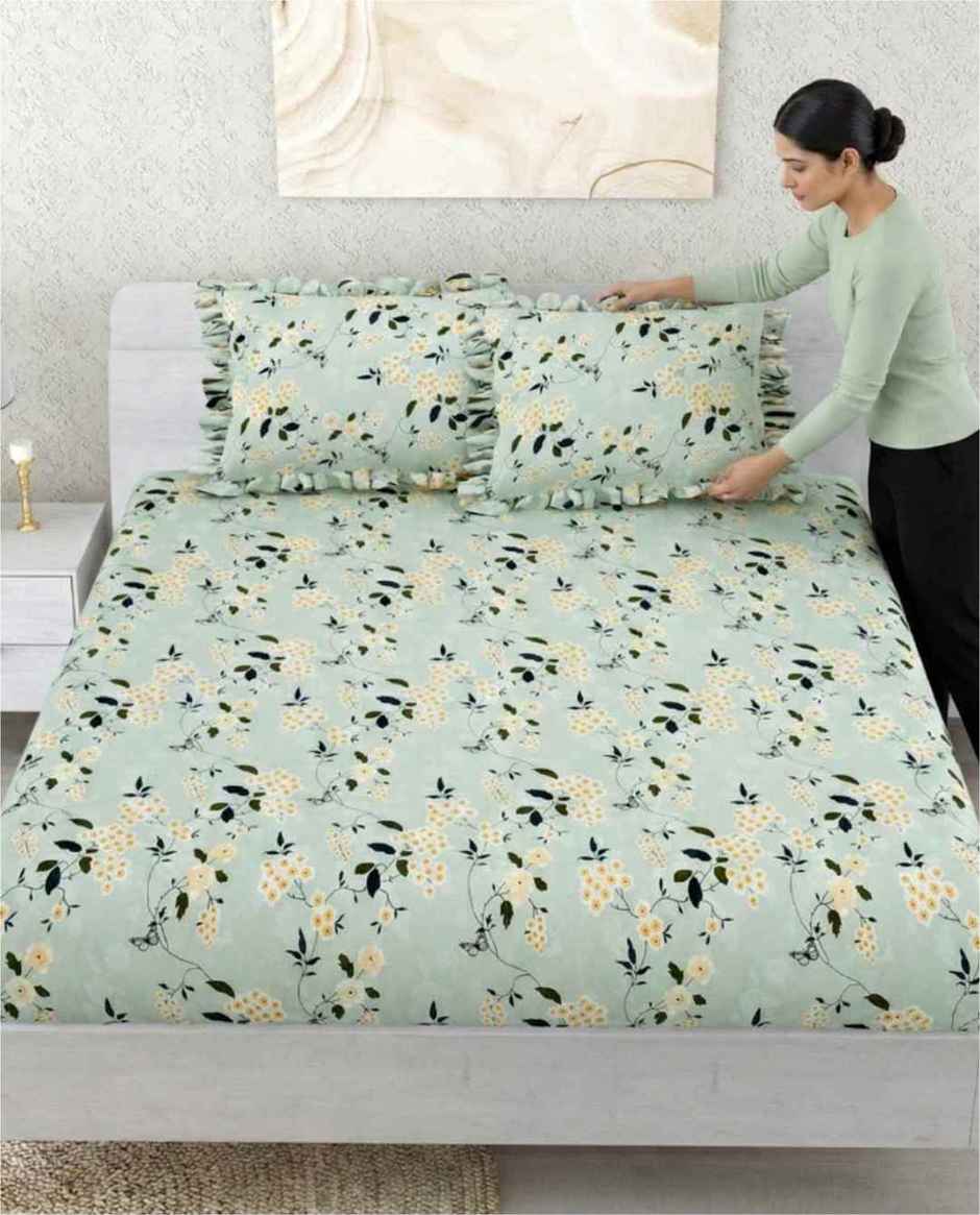 DREAM WEAVERZ Elastic Fitted Double Bedsheet with 2 Frill Pillow Covers | Cotton Blend | Light Green