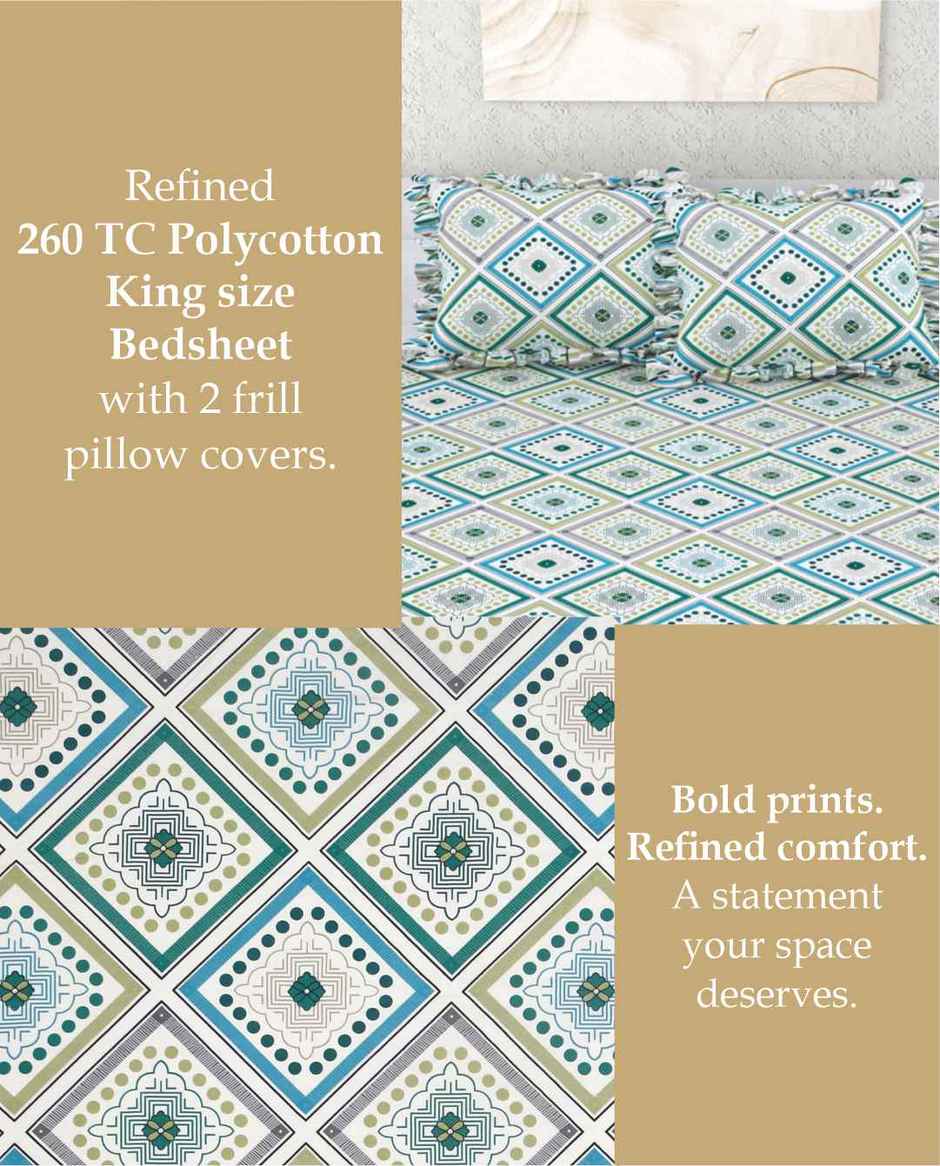 DREAM WEAVERZ Elastic Fitted Double Bedsheet with 2 Frill Pillow Covers | Cotton Blend | Green