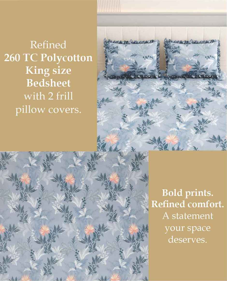 DREAM WEAVERZ Elastic Fitted Double Bedsheet with 2 Frill Pillow Covers | Cotton Blend | Light Grey