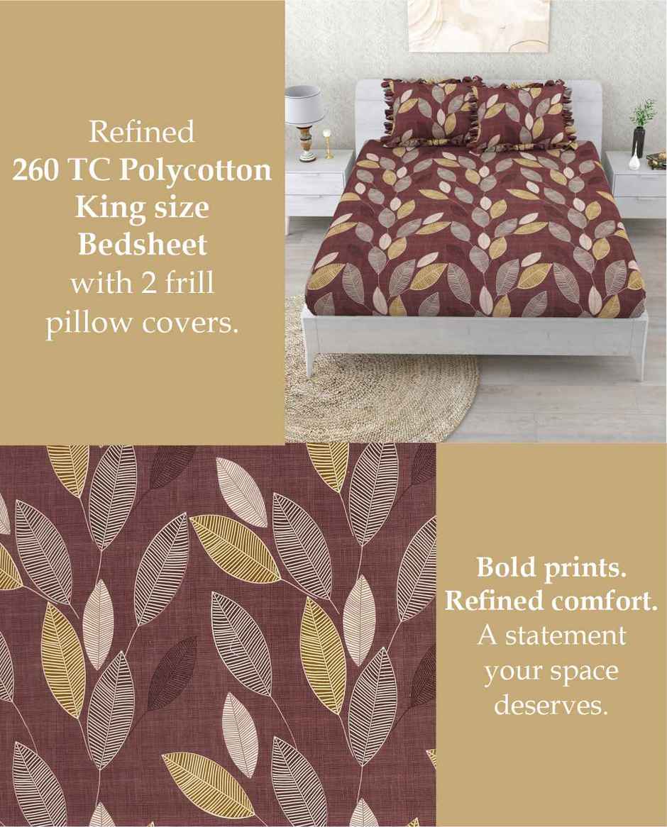 DREAM WEAVERZ Elastic Fitted Double Bedsheet with 2 Frill Pillow Covers | Cotton Blend | Brownish Purple