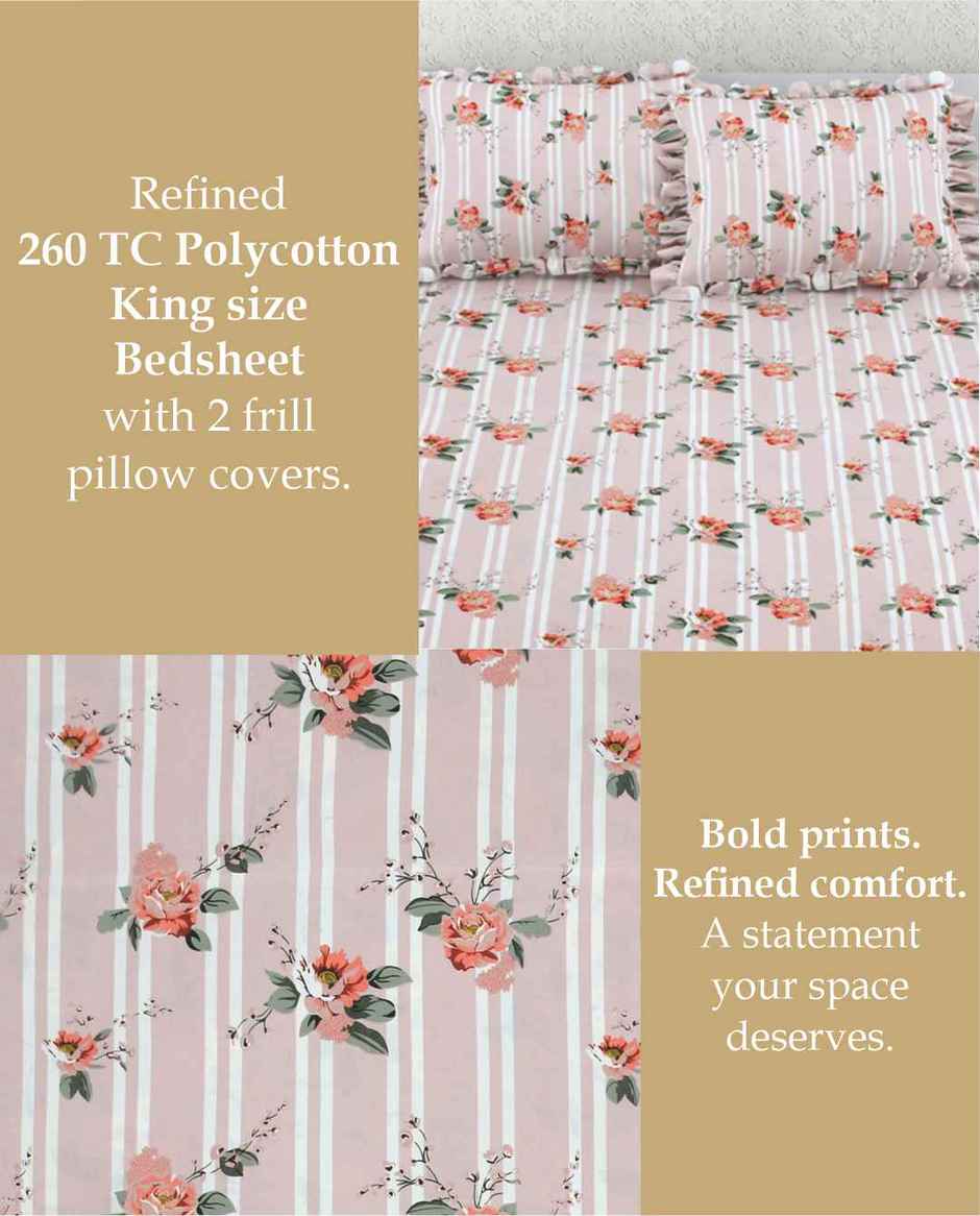 DREAM WEAVERZ Elastic Fitted Double Bedsheet with 2 Frill Pillow Covers | Cotton Blend | Light Pink