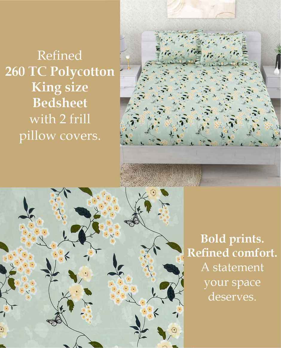 DREAM WEAVERZ Elastic Fitted Double Bedsheet with 2 Frill Pillow Covers | Cotton Blend | Light Green