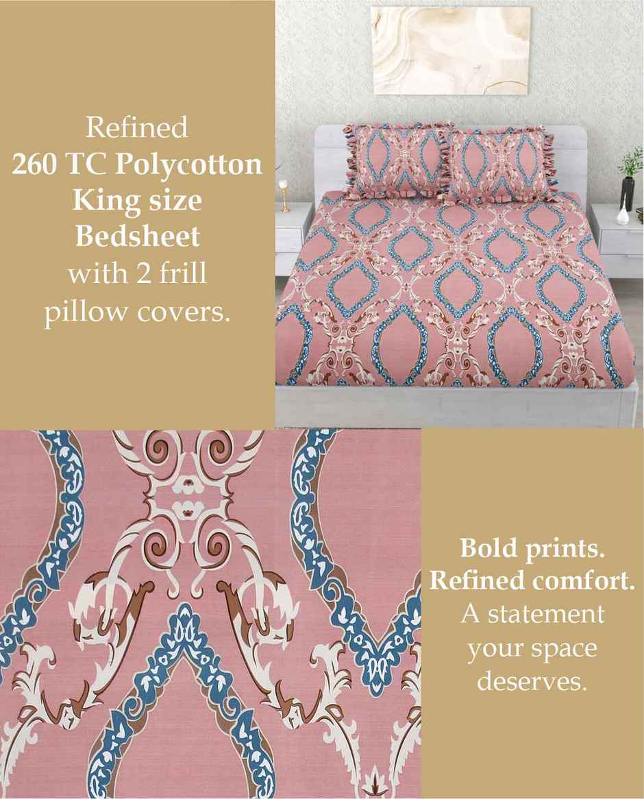 DREAM WEAVERZ Elastic Fitted Double Bedsheet with 2 Frill Pillow Covers | Cotton Blend | Pink
