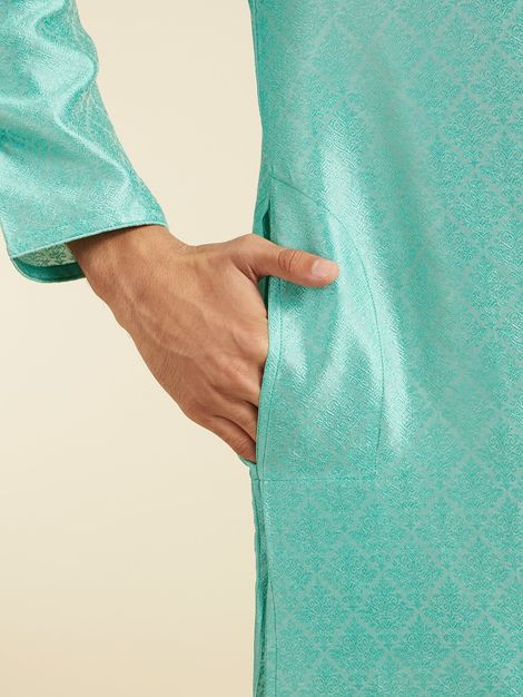 Diwas By Manyavar Green Art Silk Thread Work Self Design Kurta Set | L