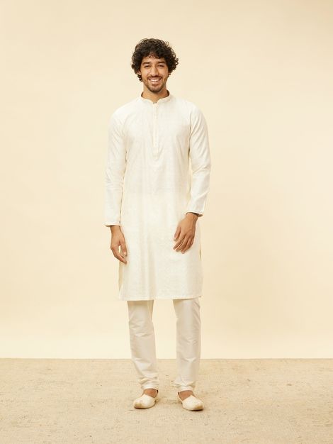 Manyavar Cream Blended Viscose Self Design Kurta Set | L