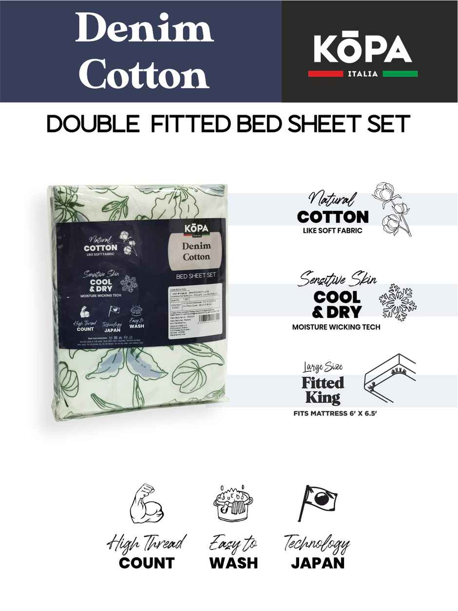 Kopa Bamboo Micro Fitted King Bedsheet 3pc Set with 2 Pillow Covers Floral White/Blue
