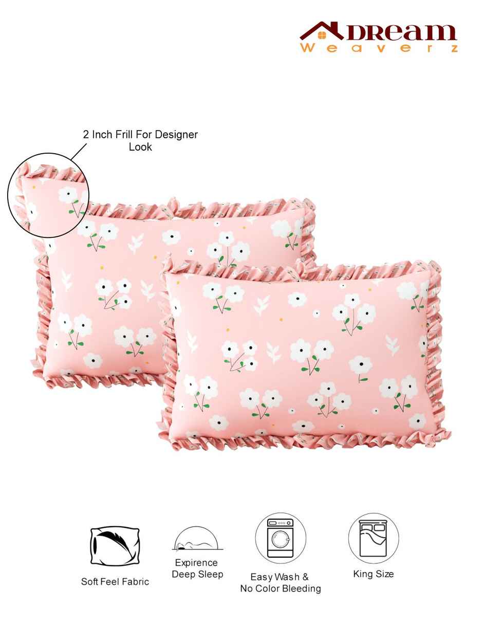 DREAM WEAVERZ Elastic Fitted Double Bedsheet | 2 Frill Pillow Covers | Polycotton | Baby Pink
