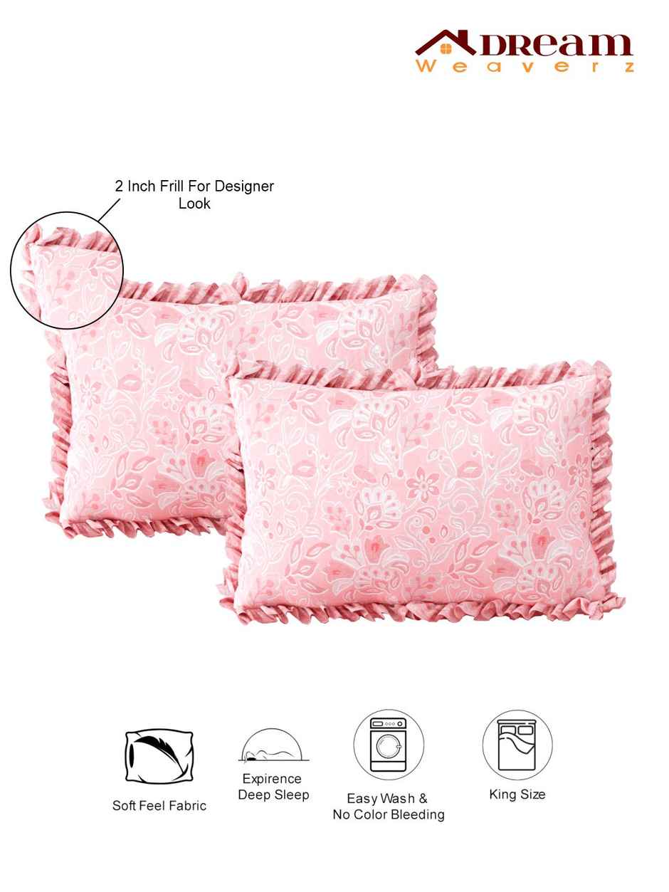 DREAM WEAVERZ Elastic Fitted Double Bedsheet | 2 Frill Pillow Covers | Polycotton | Pink