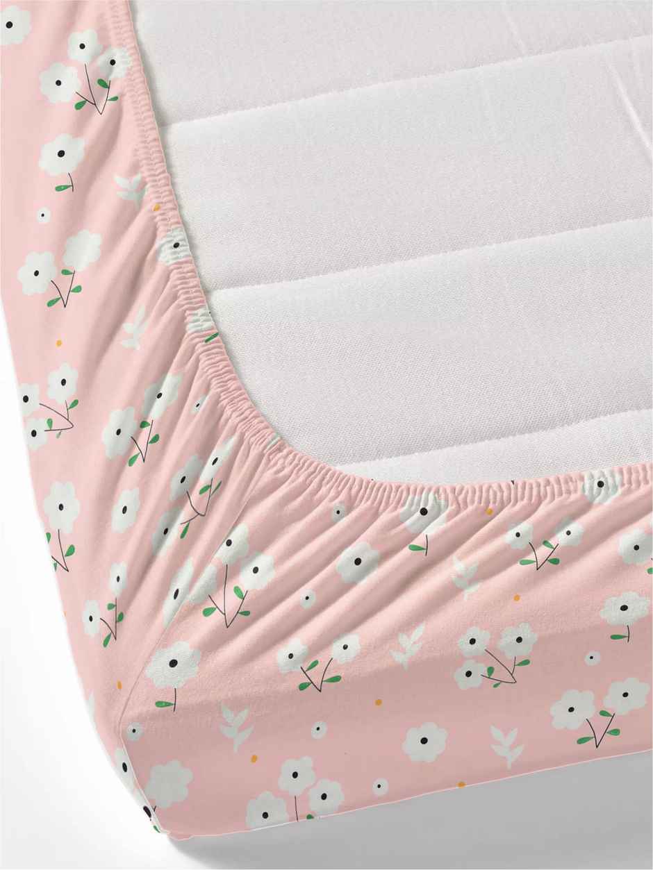 DREAM WEAVERZ Elastic Fitted Double Bedsheet | 2 Frill Pillow Covers | Polycotton | Baby Pink