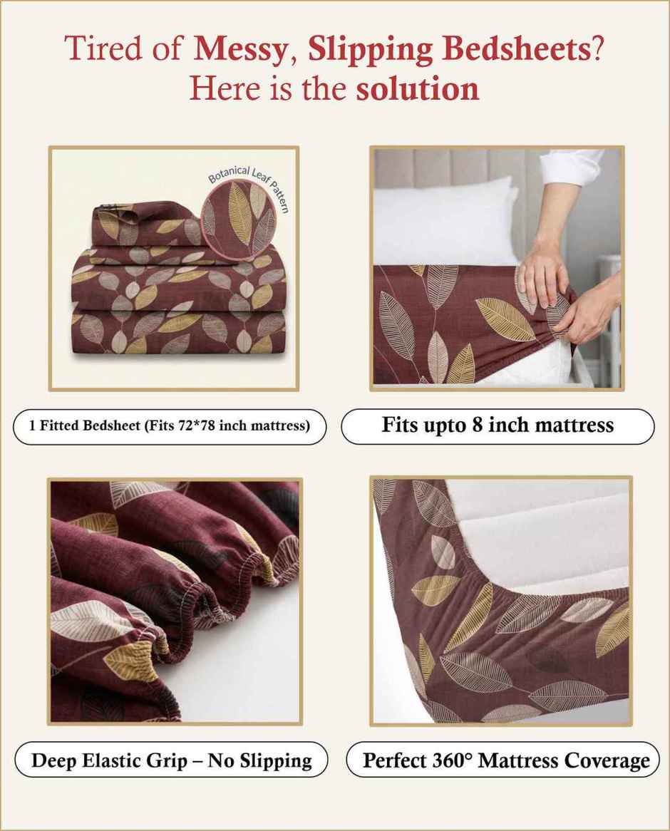 DREAM WEAVERZ Elastic Fitted Double Bedsheet with 2 Frill Pillow Covers | Cotton Blend | Brownish Purple