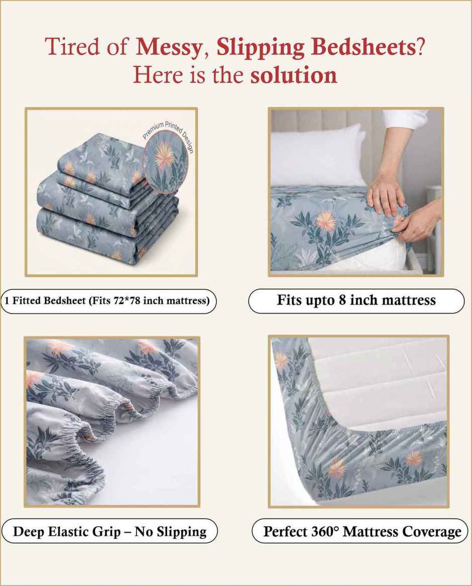 DREAM WEAVERZ Elastic Fitted Double Bedsheet with 2 Frill Pillow Covers | Cotton Blend | Light Grey